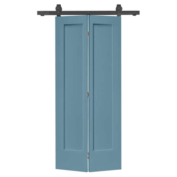 CALHOME 24 in. x 80 in. 1 Panel Shaker Dignity Blue Painted MDF Composite Bi-Fold Barn Door with Sliding Hardware Kit