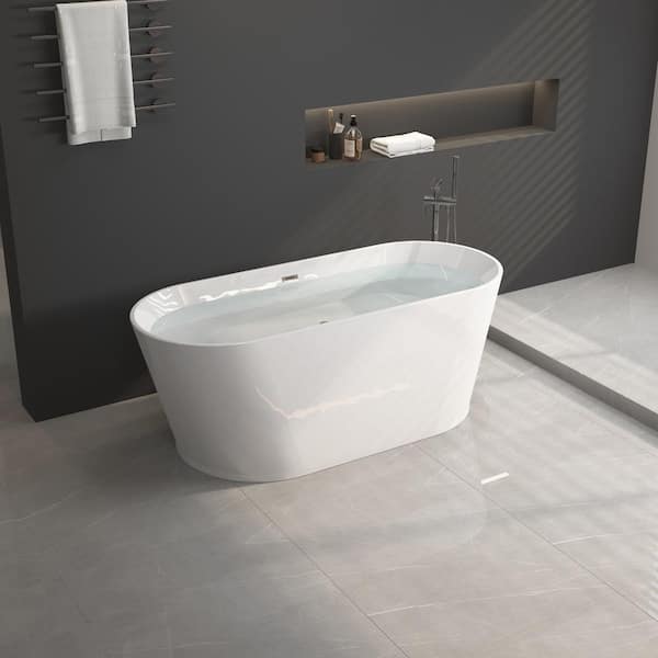 EAKYHOM 59 in. x 30 in. Acrylic Freestanding Soaking Bathtub in Glossy White with Chrome Overflow Drain