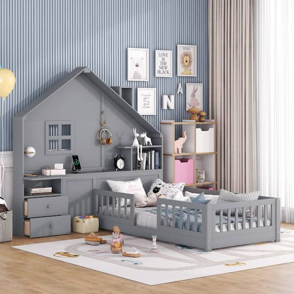 Harper & Bright Designs Gray Twin Size Wood House Platform Bed with Window and Chimney, 3 Bedside Drawers, Shelves, Sockets and USB Charging