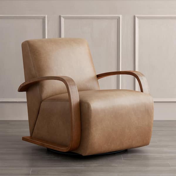 Ella Cognac Brown Leather Swivel Accent Chair with Walnut Solid Wood Arm Modern Armchair for Living Room or Bedroom