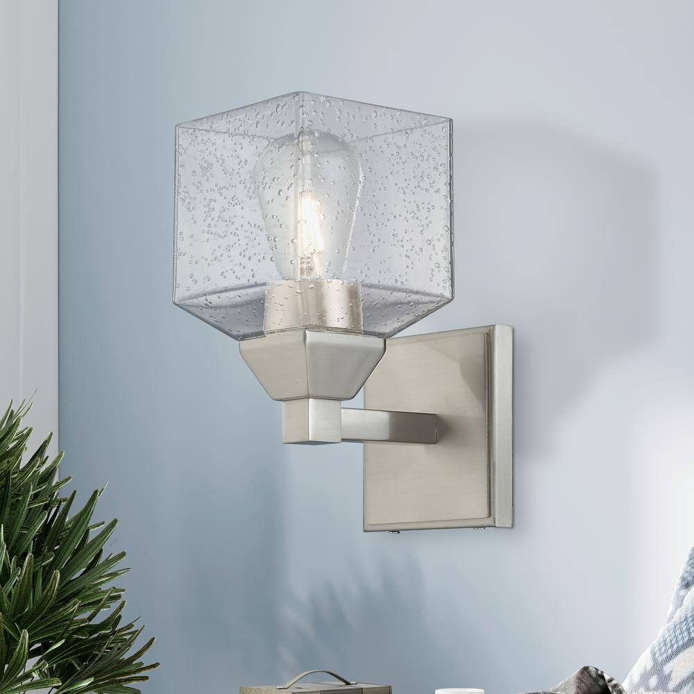 Brushed Nickel Dimmable Wall Sconce with Hand Blown Clear Seeded Glass