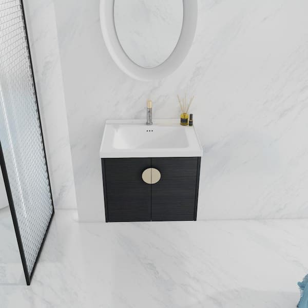Xspracer Victoria 24 in. W x 19 in. D x 21 in. H Floating Single Sink Bath Vanity with Ceramic in White and Cabinet in Black Top