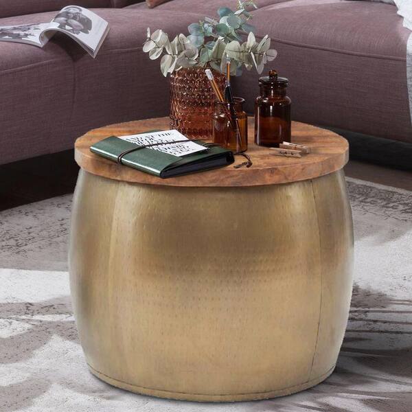 Benjara 27 5 Gold Large Round Wooden Top Accent Coffee Table With Hammered Drum Design And Storage Bm269920 Coffee Table With Hammered Drum Design, Large Gold Drum Coffee Table