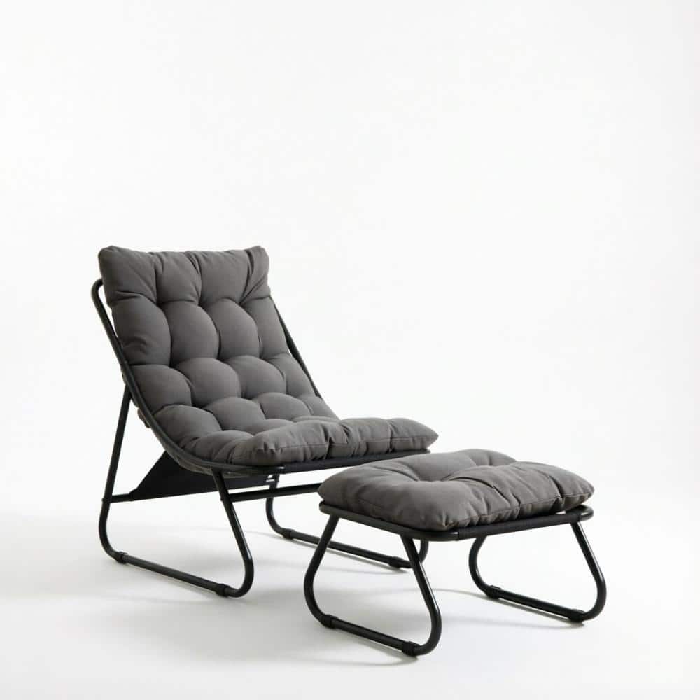 Grey Powder-Coated Steel Outdoor Sling Recliner Lounge Chair with Tufted Cushion and Ottoman