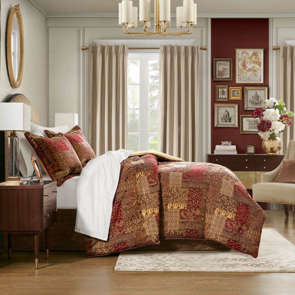 Queen Red Microfiber Patchwork Comforter Set with Shams and Bed Skirt