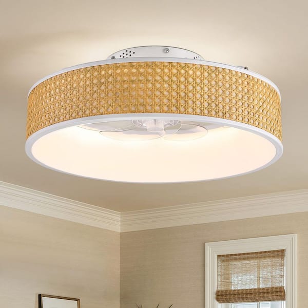 20 in. Smart Indoor Standard White Boho Flush Mount Rattan Ceiling Fan with Light and Remote Low Profile Ceiling Fan