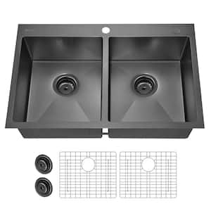 33 in. Drop-In Double Bowl 18 Gauge Gunmetal Black Stainless Steel Kitchen Sink