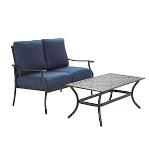 2-Piece Metal Outdoor Loveseat with Blue Cushions