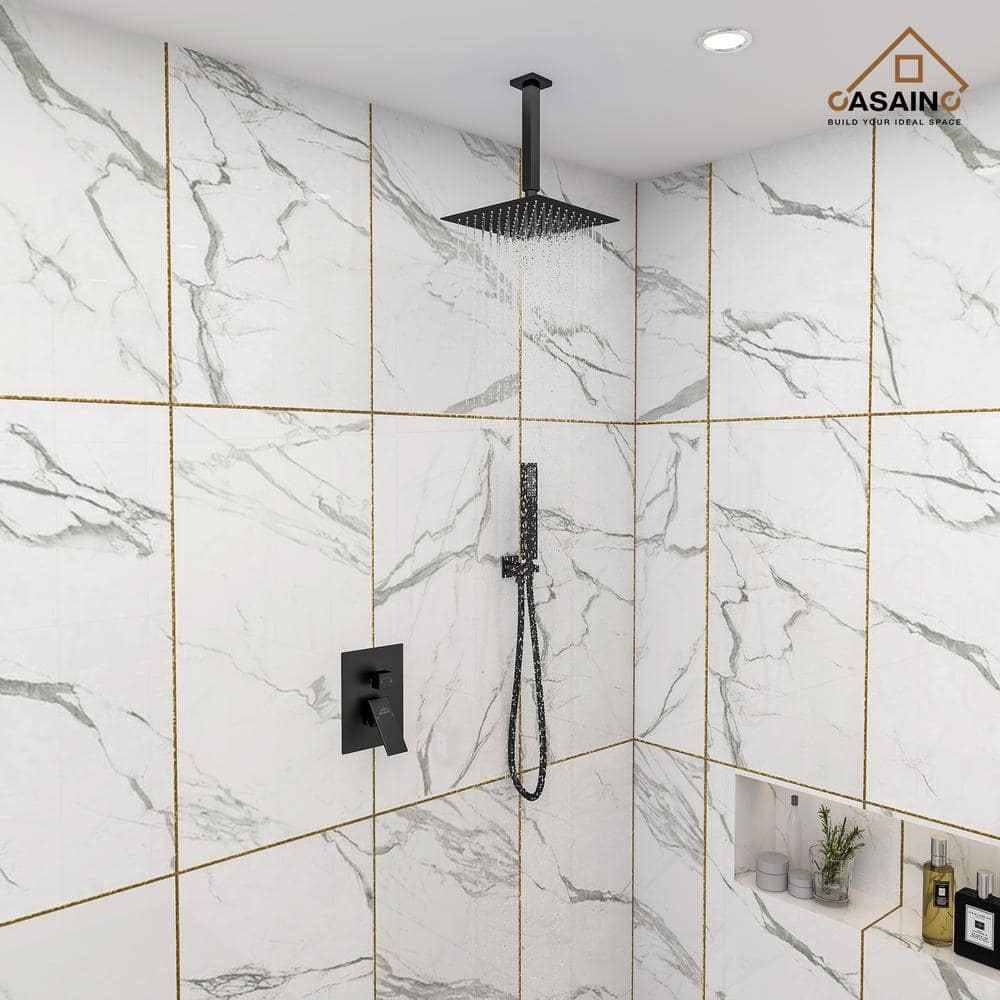 Large Matte Black Dual Square Ceiling Mounted Rain Shower System