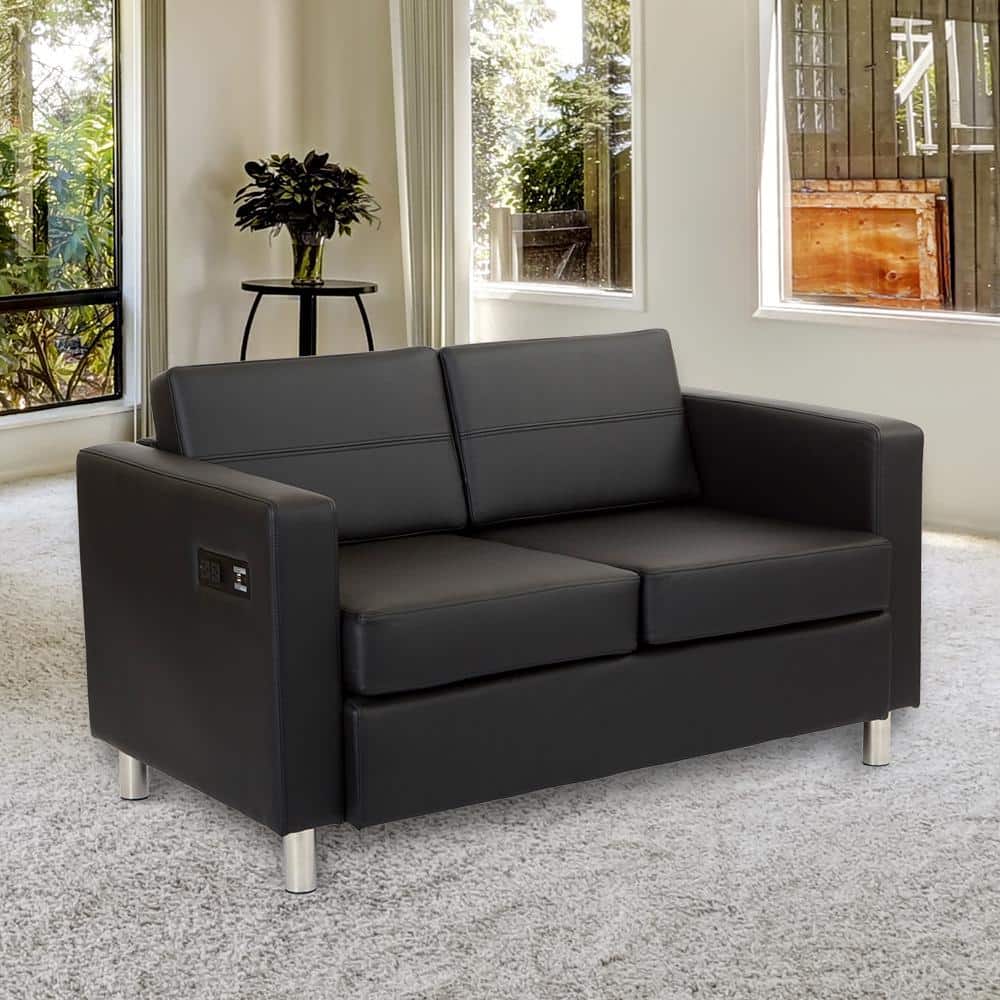 Atlantic Modern Black Faux Leather Loveseat with Charging Station
