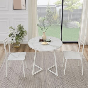 3-Piece Dining Table Set, White Marble Texture 30 in. H Modern Round Wood Top Accent Table and Chairs for Small Space
