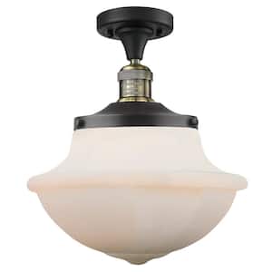 Oxford 11.75 in. 1-Light Black Antique Brass Semi-Flush Mount with Matte White Glass Shade
