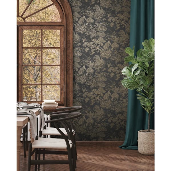 Charcoal Gold Majestic Crane Tropical Print Non-Woven Non-Pasted Textured Wallpaper 57 Sq. Ft.
