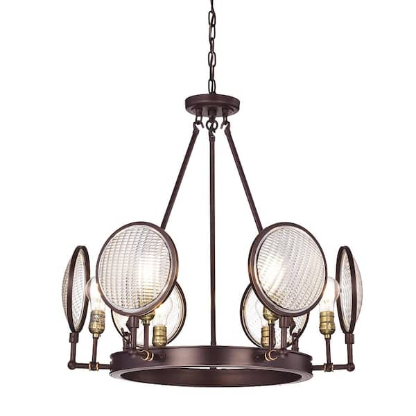 Edvivi Cartweight Industrial 6-Light Oil Rubbed Bronze Round Wagon Wheel Chandelier with Headlight Glass