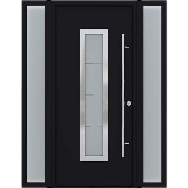 Argos 61 in. x 82 in. Left-Hand Frosted Glass Black/White Steel Prehung Front Door Hardware Kit