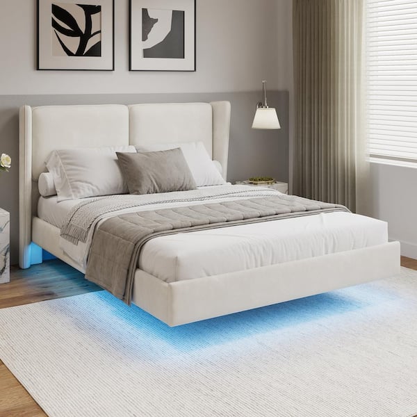 Floating Design Beige Wood Frame Full Size Velvet Upholstered Platform Bed with Wing-back and LED Light