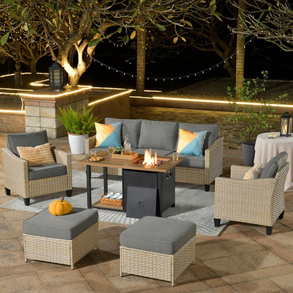 Oconee 6-Piece Wicker Modern Outdoor Patio Conversation Sofa Seating Set with a Storage Fire Pit and Dark Gray Cushions price history on PriceWatchPro