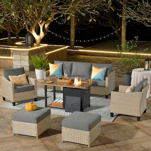 Oconee 6-Piece Wicker Modern Outdoor Patio Conversation Sofa Seating Set with a Storage Fire Pit and Dark Gray Cushions