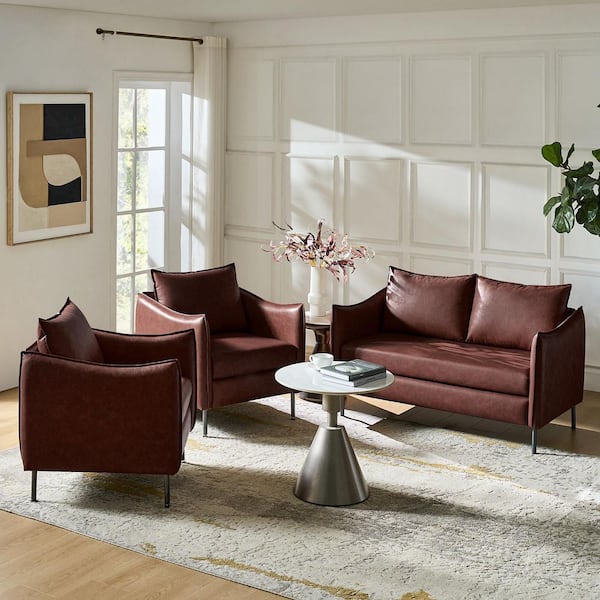 JAYDEN CREATION Wythe 3-Piece Brown Faux Leather Industrial Style Living Room Set