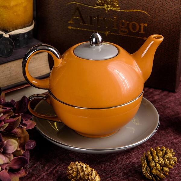 Artvigor 10 oz. Single Serve 1-Piece Orange Porcelain Teapot Teacup and Saucer Set ART-CC006 - Home