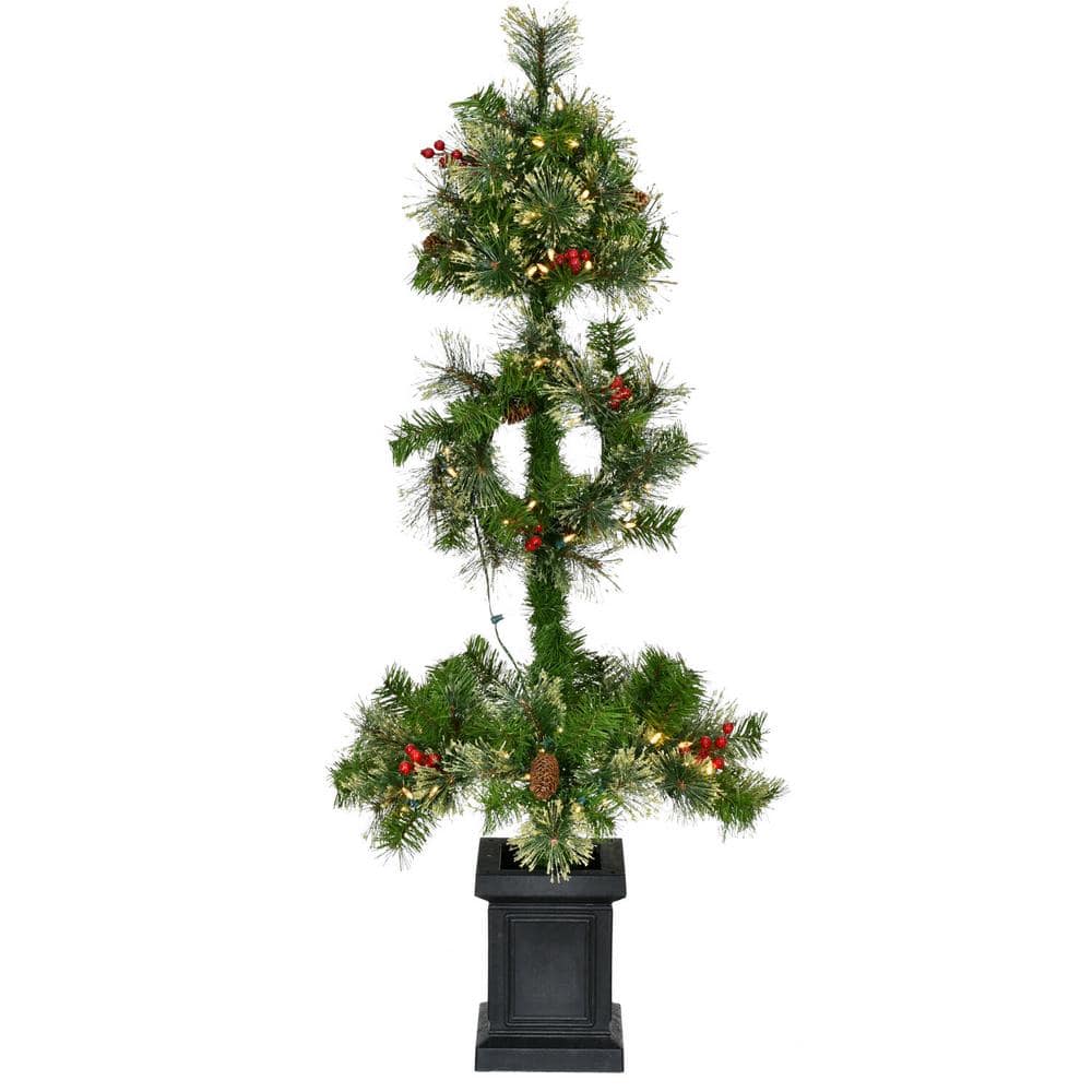 4 ft. Artificial Porch Tree Topiary in Black Pot with Pinecones, Berries an