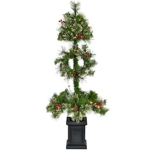 4 ft. Artificial Porch Tree Topiary in Black Pot with Pinecones, Berries and Warm White LED Lights