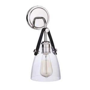 Hagen 6 in. 1 -Light Polished Nickel Wall Sconce with Crystal Clear Glass Suspended from Genuine Leather Strap