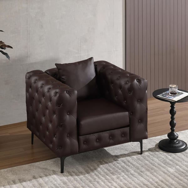 Modern Glam Chocolate Brown Faux Leather Sofa Chair with Tufted Button Armchair for Living Room Apartment