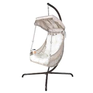 38 in. 1 Person Beige Metal Patio Swing with Rocking Glide Frame, Sunshade Cloth, White Cushion and Pillow