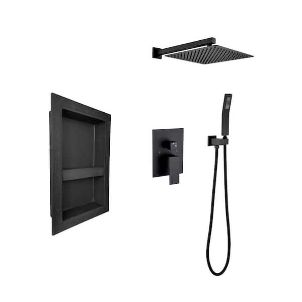 2-Spray Shower System with Rain Shower Head, Hand Shower Head, Water Control Valve, Shower Bracket, Hose and Niche