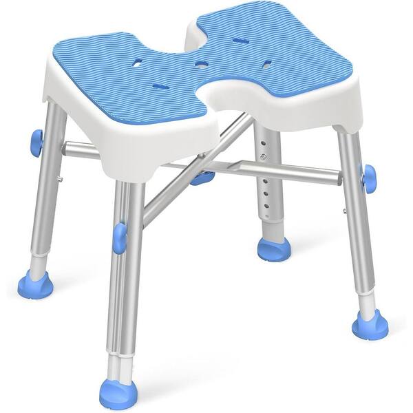 Adrinfly Aluminum Heavy Duty & Adjustable H-Shaped Shower Chair for Elderly and Disabled with EVA Pad, Non-Slip, in White Blue