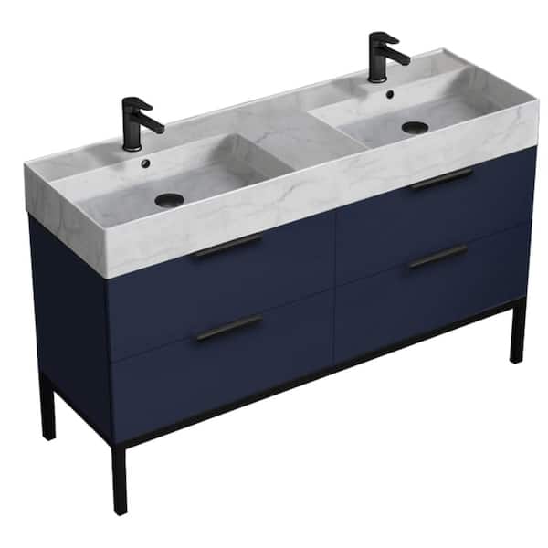Derin 55.51 in. W x 18.11 in. D x 34.65 in. H Double Floor Standing Bath Vanity in Navy Blue w/Ceramic Marble Design Top