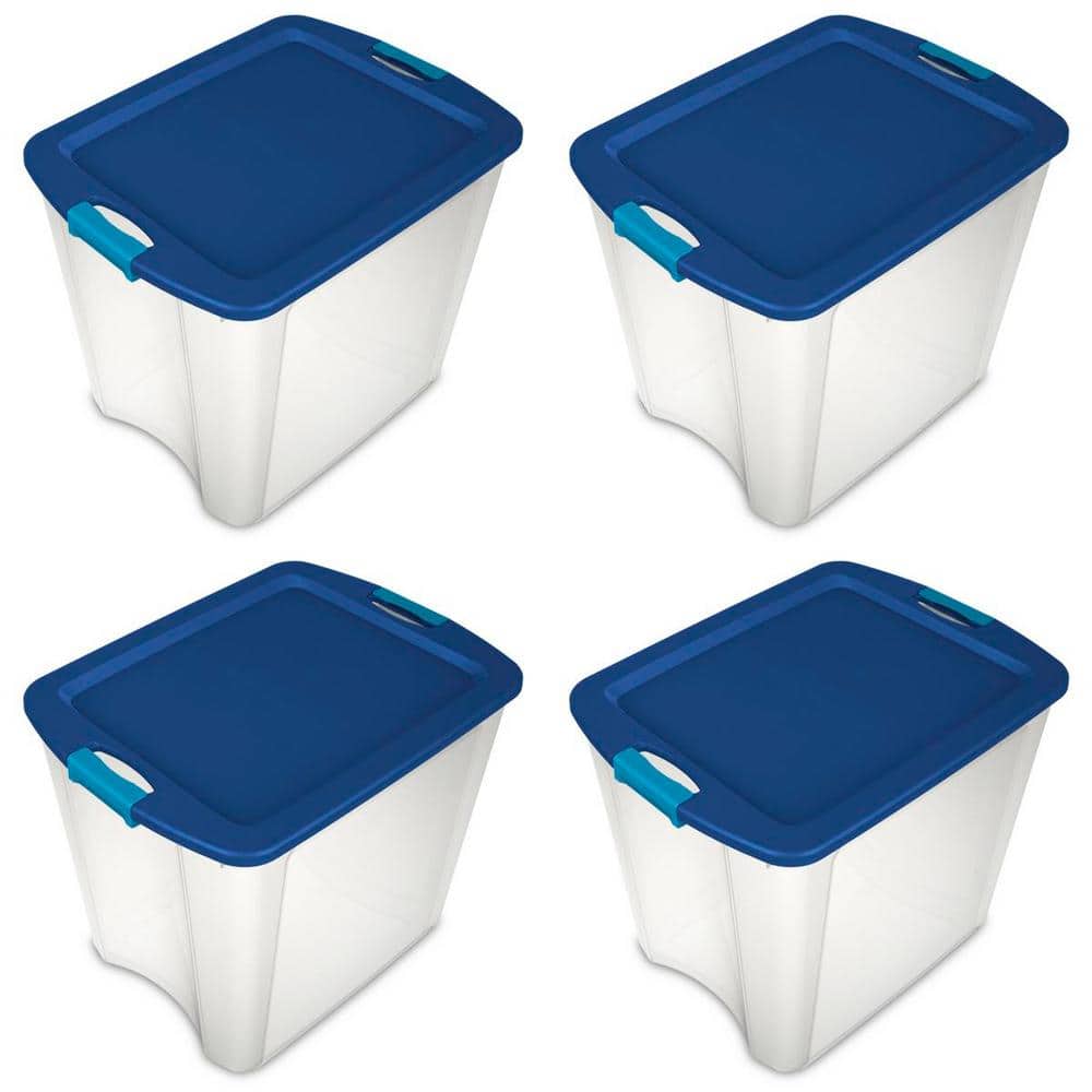  Sterilite 12 Gal Latch and Carry, Stackable Storage Bin with  Latching Lid, Plastic Container to Organize Closets, Clear with Blue Lid,  12-Pack