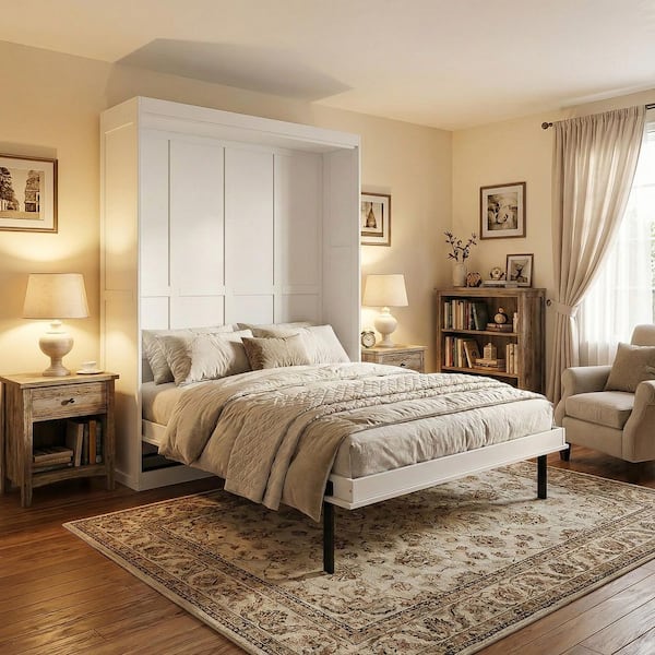 Polibi White Wood Frame Queen Size Murphy Bed with Hidden Storage