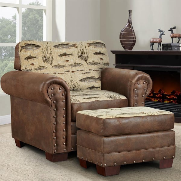 American Furniture Classics Angler's Cove Series Tapestry and Pinto Brown Microfiber Arm Chair and Ottoman Set of 1 with Nail Head Accents