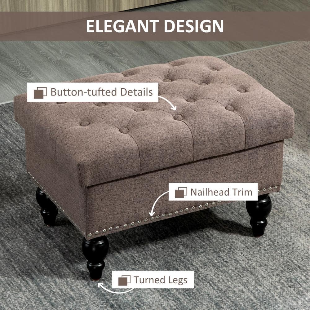 Taupe Tufted Fabric Ottoman with Turned Wood Legs
