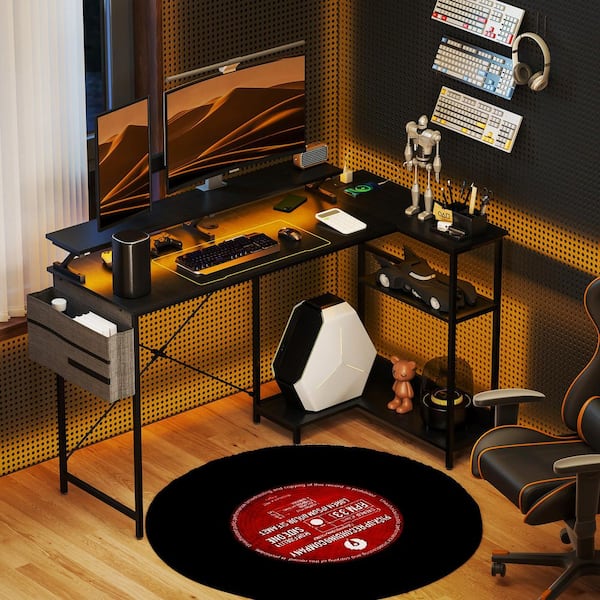 HOMCOM 57.9 in. Black Reversible L Shaped Desk, Corner Computer Desk with Power Outlet and LED Light, Monitor Shelf