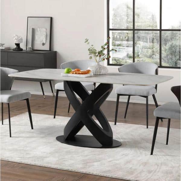 FORCLOVER 71 in. Rectangular Luxury Modern White Stone Dining Table with  Solid Black Carbon Steel Base for Dining Room (Seats 8) MONMUCF-07DT01 -  The Home Depot