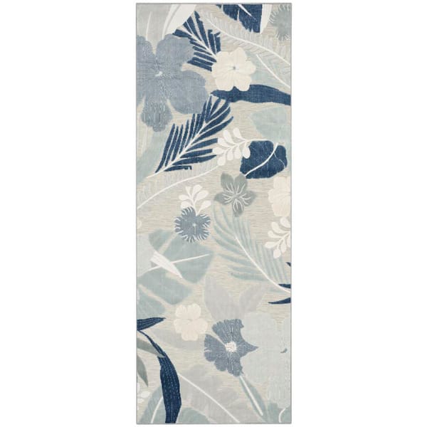 Suncoast Grey Navy 2 ft. x 6 ft. Floral Contemporary Runner Area Rug