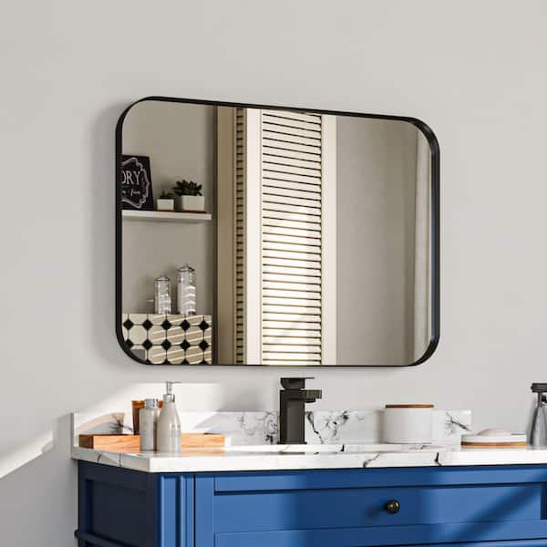 22 in. W x 30 in. H Rectangular Aluminum Framed Wall Bathroom Vanity Mirror in Black