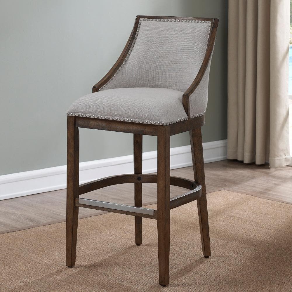 Elegant Transitional Driftwood Brown Bar Stool with Beige Fabric