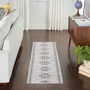 57 Grand Machine Washable Ivory/Charcoal 2 ft. x 6 ft. Center Medallion Contemporary Runner Area Rug