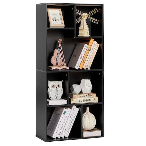 VECELO Bookshelf, Bookcase with 7 Open Adjustable Storage Cubes, Floor Standing Unit, Side Table Bookcase, Black
