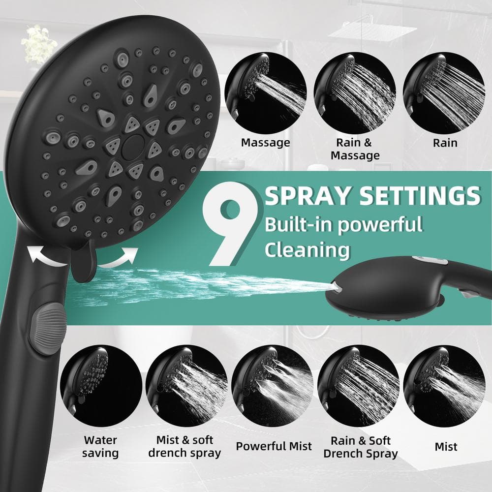 Matte Black 9-Spray Handheld Wall Mounted Shower Head