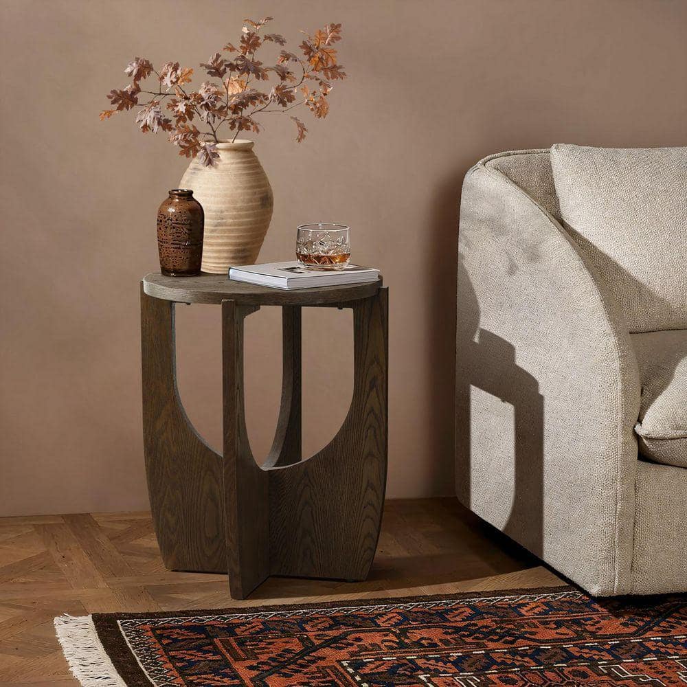 20.08 in. Round Wood Side Table with Walnut Finish