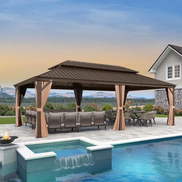 12 ft.x 26 ft.Bronze Aluminum Power-Coated Frame Galvanized Steel Double Roof Hardtop Gazebo,Hooks,Netting,Khaki Curtain