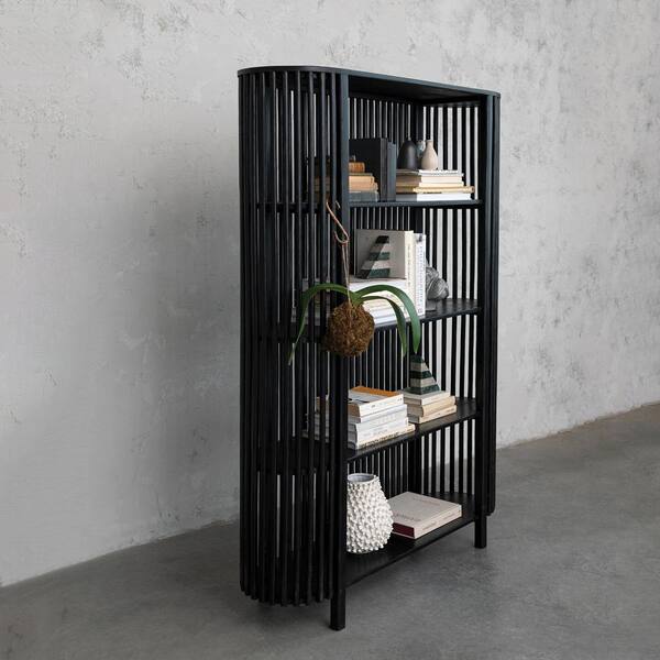 Slatted Wood Book Shelf with 3 Shelves and Curved Edge 48.0 L x 14.0 W x 67.5 H Black