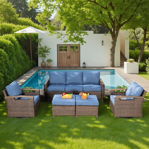 Unbranded Nyajiah 5-Piece Wicker Patio Conversation Set with Blue Cushions