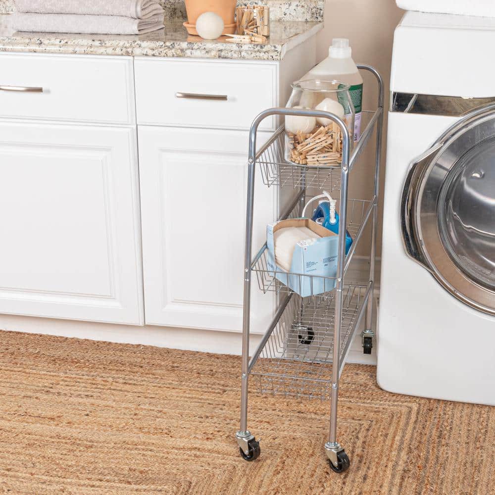 Slim Chrome 3-Tier Metal Laundry Storage Cart