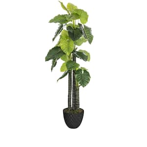 Artificial Faux Plastic 77 in. Tall Elephant Ear Plant and 13.6 in. Black Honeycomb Fiberstone Planter